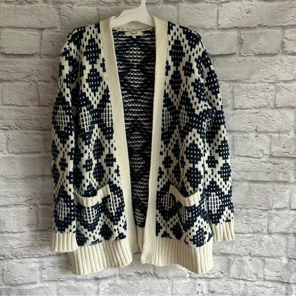 PREOWNED MADEWELL WOOL BLEND OPEN FRONT CARDIGAN NAVY BLUE CREAM WOMENS SMALL